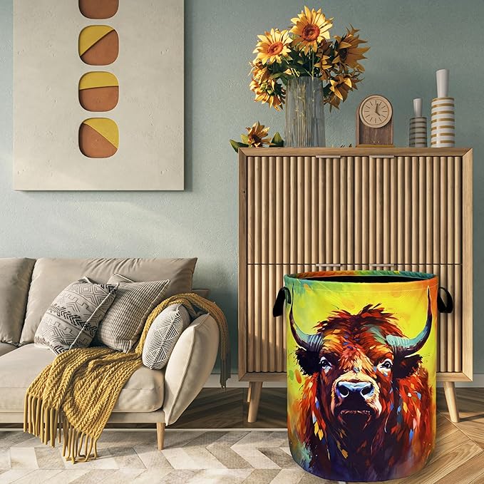 Highland Cow Laundry Hamper Foldable With Handles Funny Animal Tote Bag Oxford Cloth Colorful Laundry Basket Clothe Toy Storage Bucket 18.9"x16.5"For Bathroom/Laundry/Bedroom