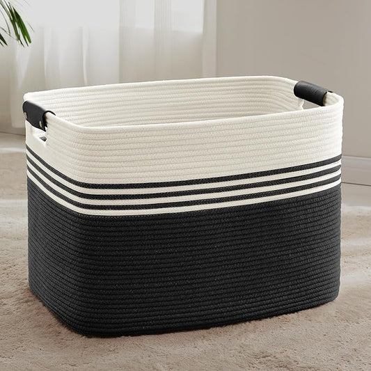 100L Extra Large Laundry Basket with Leather Handles for Living Room Storage, Woven Rope Baskets for Blanket, Kids Toy, Gifts, Wicker Hamper for Bedroom Dirty Clothes, 24"x16"x16" White Black