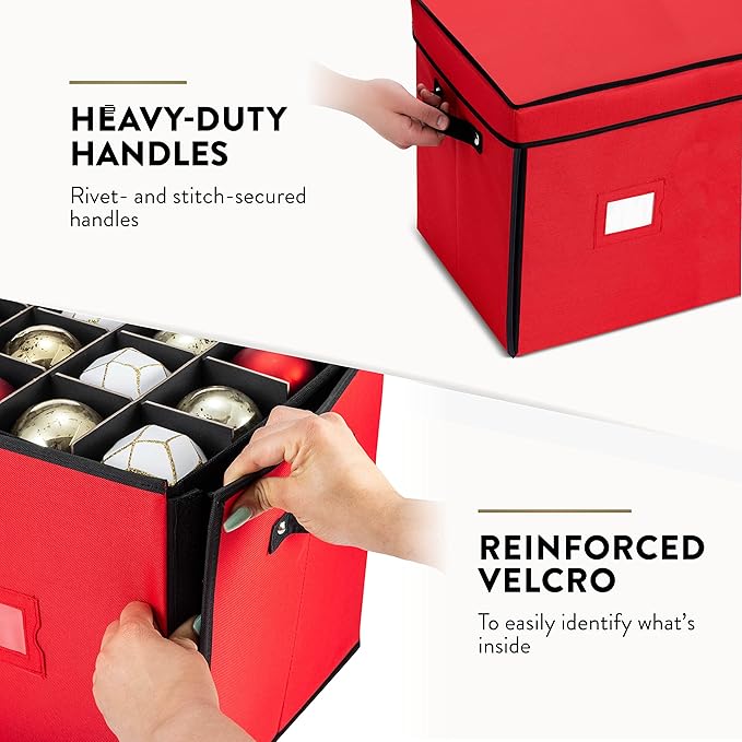 ZOBER Christmas Ornament Storage Box - Stores 128 3" Ornaments with Drawer Style Trays - Tear Proof 600D Oxford Fabric - Ornament Organizer Storage Box, Durable Christmas Containers Holder - Red