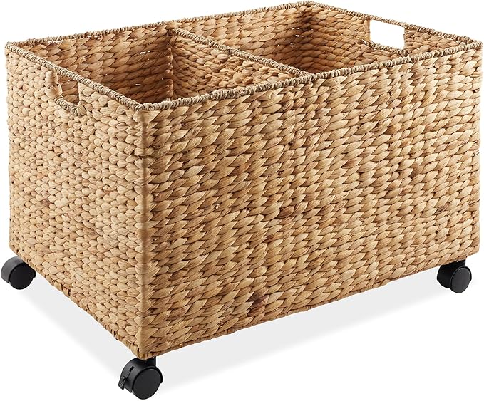Casafield Rolling Storage Basket Cart with Lid and Locking Wheels, Natural - Handwoven Water Hyacinth Divided Recycling Sorting Bin for Kitchen, Laundry Room, Garage