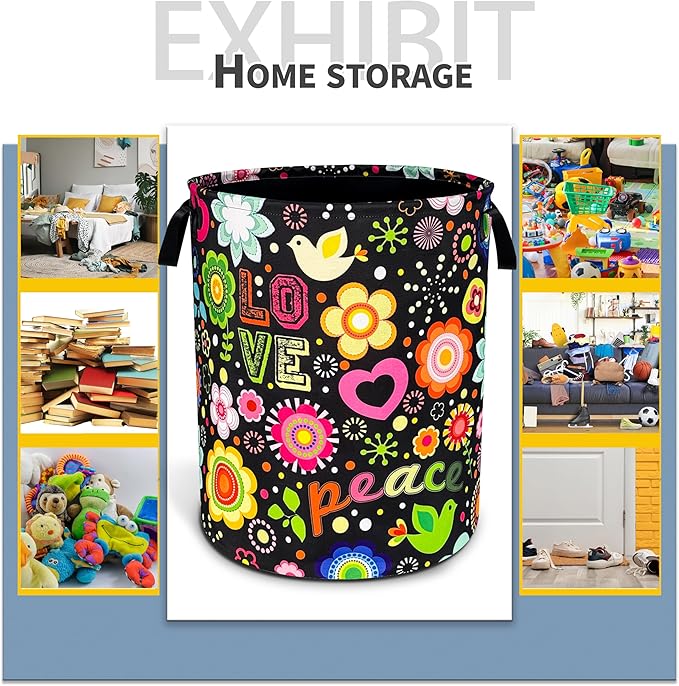 Peace Hippie Flower Laundry Basket Foldable Oxford Cloth Funny Tote Bag Laundry Hamper Clothes Storage Bucket Toy Organizer For Bathroom/Laundry Storage/Bedroom 18.9x16.5 Inch
