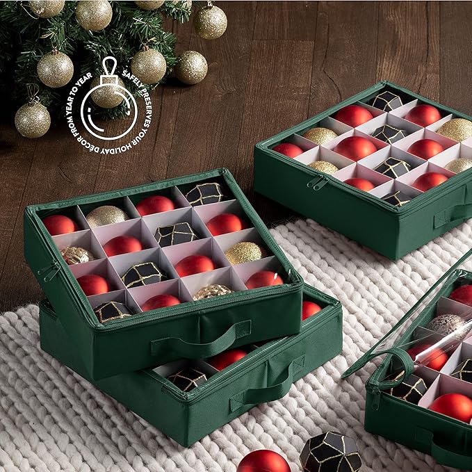 ZOBER Premium Christmas Ornament Storage Box with Lid 3" Compartment, Contains 4 Trays W Transparent Zippered Cover for More Protection (Green)