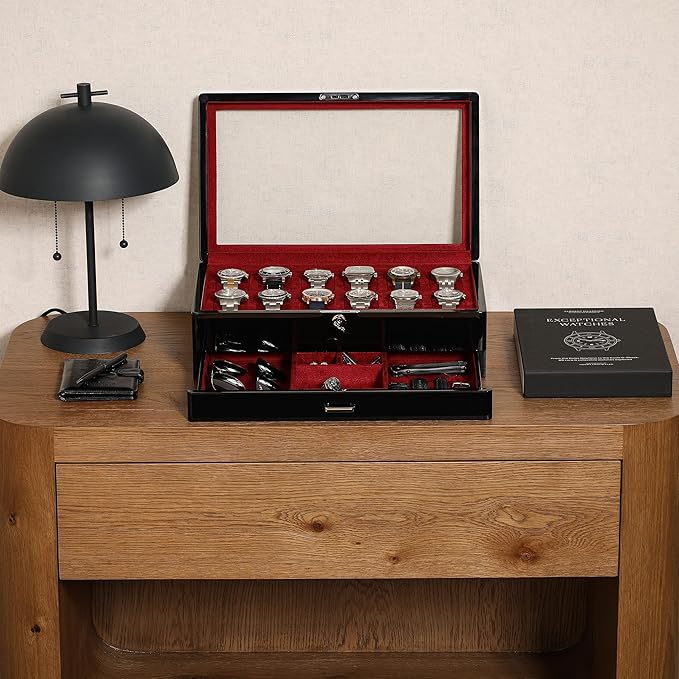 ROTHWELL 12-Slot Piano Black Watch Box with Valet Drawer - Premium Jewelry Display Case Organizer with Locking Glass Top and Microsuede Liner for Men & Women (Red Interior)
