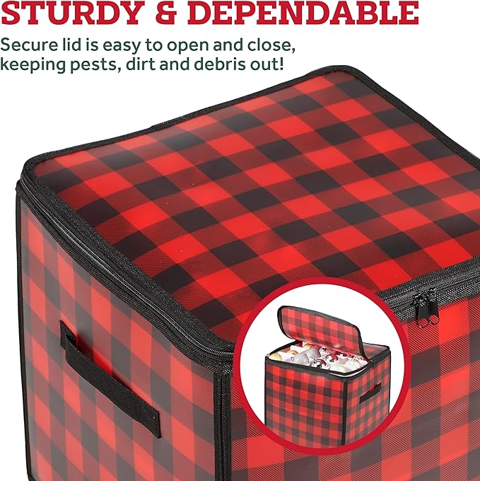 ZOBER Christmas Ornament Storage Box Plastic - Stores 64 3" Ornaments with Individual Trays - Ornament Organizer Storage Box, Durable Christmas Containers Holder - Plaid