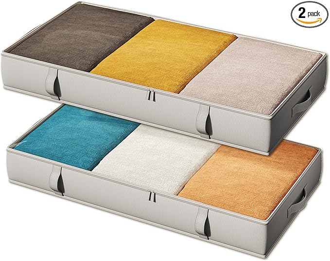 Vailando Storage Containers, 6 Inches Tall 60L Underbed Storage Bins with Sturdy Handles and Sidewalls, Closet Organizer for Clothes, Blankets, Seasonal Items, Gray, 2-Pack