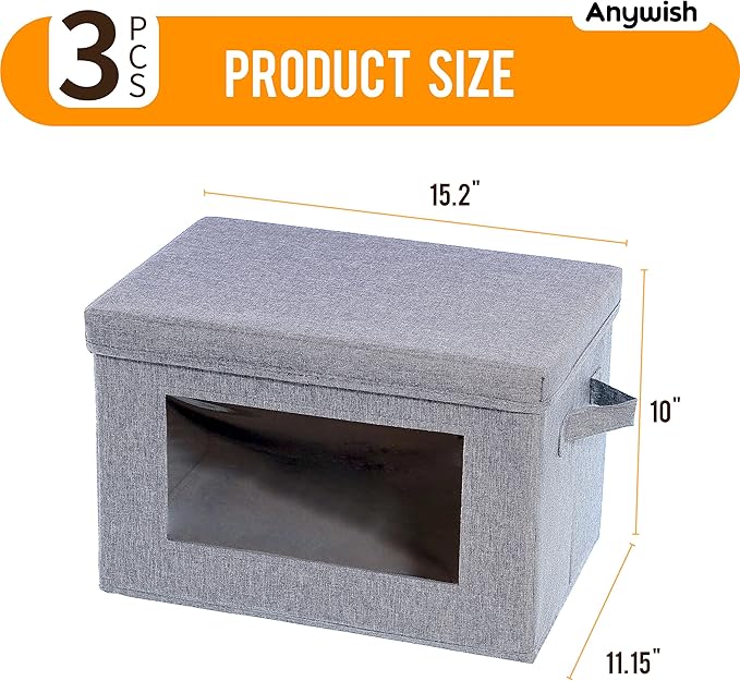 3-Pack Collapsible Storage Bins with Lids, Linen Fabric Foldable Storage Boxes, Cube Closet Organization for Clothes, Blankets, Books, Gray