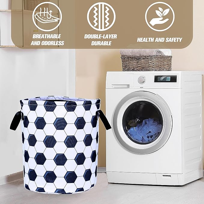 Football Laundry Basket Sports Foldable Oxford Cloth Tote Bag Laundry Hamper Clothes Storage Bucket Organizer For Bathroom/Laundry Storage/Bedroom Storage Basket 17.7x13.7Inch