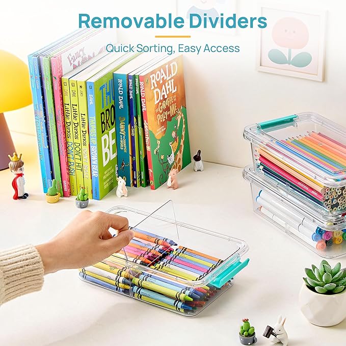Vtopmart 12 Pack Clear Pencil Box, Plastic Pencil Holder with Removable Divider for Pen Organizer, Stackable Containers with Lid for Pen, Art Craft, Sticker, Scrapbook & Office Supplies
