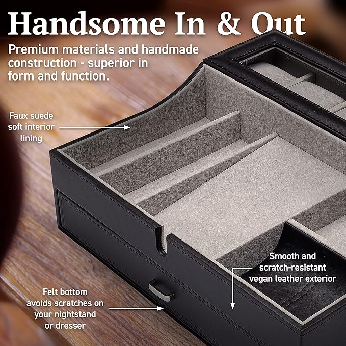 Mens Valet Box Organizer, Large Leather Valet Tray for Men, Mens Valet Tray Organizer with Charging Station, Mens Jewelry Box Organizer for EDC Valet Mens Accessories, Nightstand Bedside Dresser Top