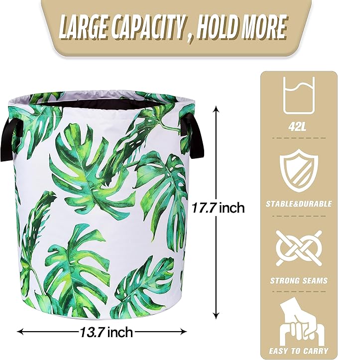 Green Leaf Laundry Basket Hawaiian Palm Tree Foldable Oxford Cloth Funny Tote Bag Laundry Hamper Clothes Storage Bucket Organizer For Bathroom/Laundry Storage/Bedroom 17.7x13.7 Inch