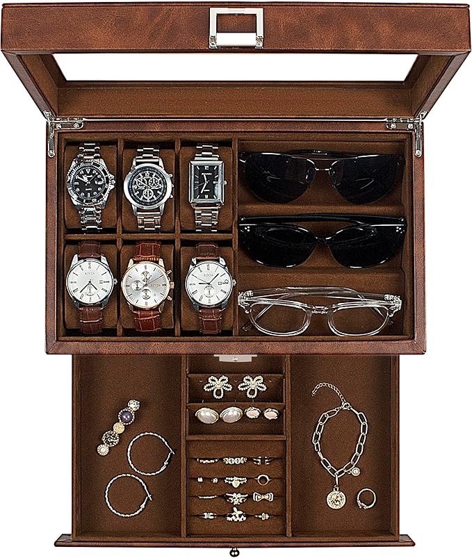 GUKA Watch box, 6 Slot Watch Case, 3 Slot Sunglass Organizer, Watch Cases for men with Real Glass Lid, Watch Organizer storage with Jewelry Case, Birthday for Men and Women,