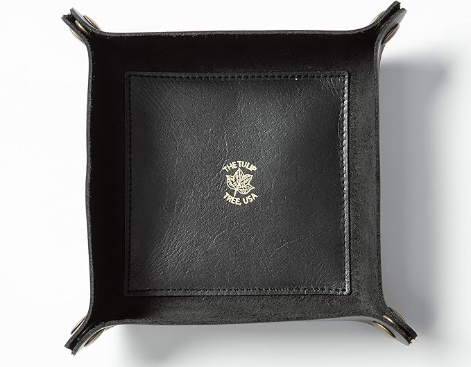 USA Handmade Premium Leather Valet Tray, Folds Flat! Dice Rolling Basket and Organizer with Brass Snaps - for Keys, Jewelry, Coin, EDC, Watch Storage Caddy - Black Medium