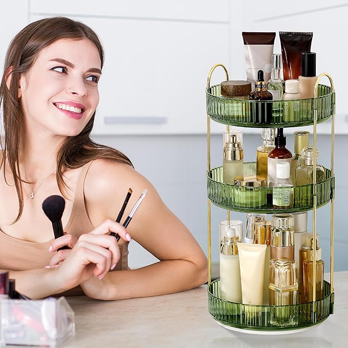360 Rotating Makeup Organizer for Vanity, Bathroom Countertop Spinning Perfume Organizer, High-Capacity Cosmetic and Skincare Dresser Make Up Holder Rack (3 Tiers, Green)