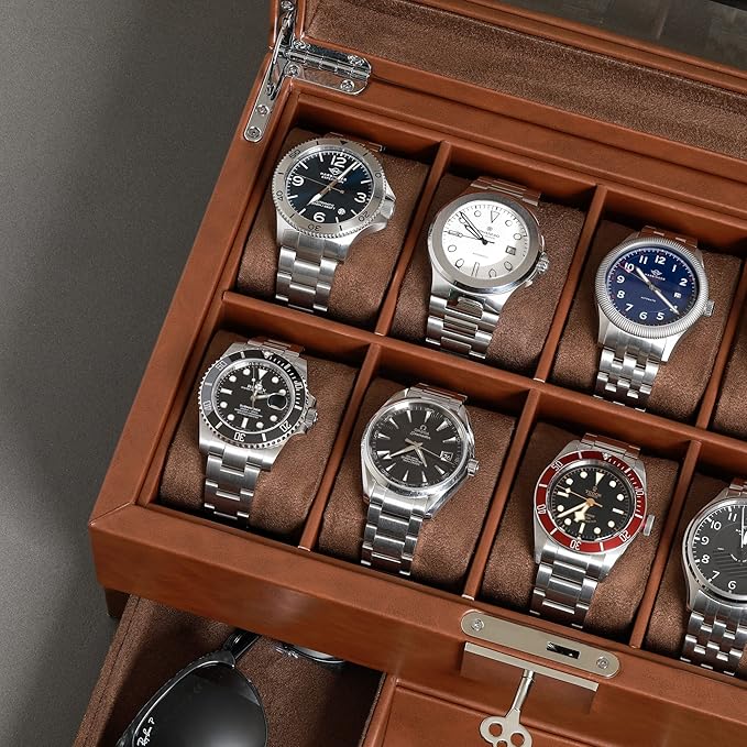 ROTHWELL 10-Slot Watch Box in Leather with Valet Drawer, Luxury Watch Case Display Organizer with Ultra Soft Microsuede Liner, Jewelry and Sunglass Holder With Large Glass top (Tan/Brown)