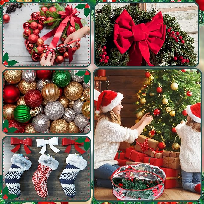 Zhengmy 4 Pack 30" 24" Wreath Storage Container Clear Christmas Wreath Storage Bags with Handle and Dual Zipper Plastic Decorative Garland Protector for Xmas Seasonal Holiday(Red)
