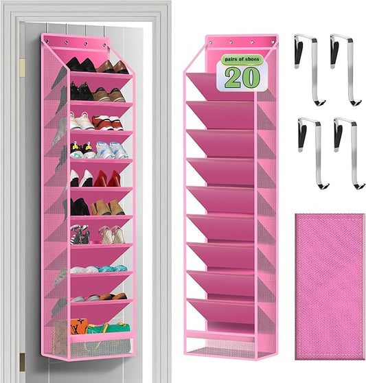 10 - Pocket Over - the - Door Hanging Shoe Organizers & Rack, Made of Sturdy 600D Oxford + Non - Woven Fabric, Space - Saving Storage for Shoes, Boots & More (Pink)