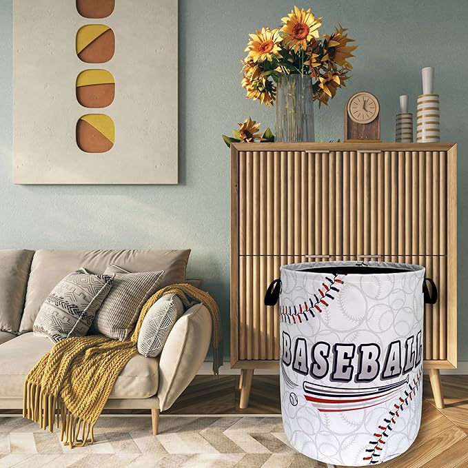 Baseball Laundry Hamper Foldable With Handles Balls Texture Tote Bag Universal Oxford Cloth Funny Laundry Basket Clothes Toy Storage Bucket 18.9" x 16.5" For Bathroom/Laundry/Bedroom