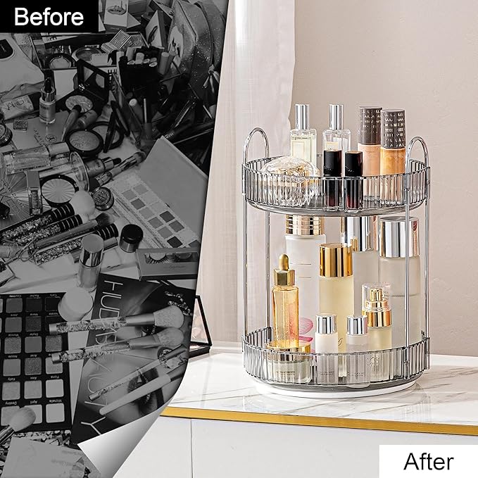 360 Rotating Makeup Organizer for Vanity, Bathroom Countertop Spinning Perfume Organizer, High-Capacity Cosmetic and Skincare Dresser Make Up Holder Rack (2 Tiers, Grey)