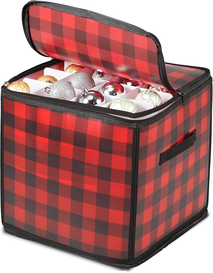ZOBER Christmas Ornament Storage Box Plastic - Stores 64 3" Ornaments with Individual Trays - Ornament Organizer Storage Box, Durable Christmas Containers Holder - Plaid