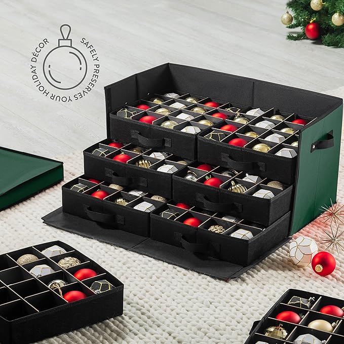 ZOBER Christmas Ornament Storage Box - Stores 128 3" Ornaments with Drawer Style Trays - Tear Proof 600D Oxford Fabric - Ornament Organizer Storage Box, Durable Christmas Containers Holder - Green