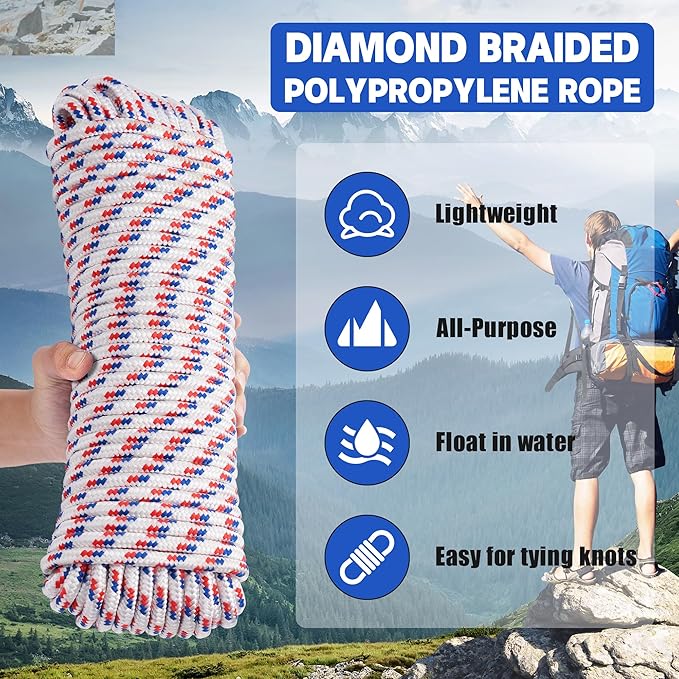 3/8 Inch 100 ft Diamond Braided Polypropylene Rope, All Purpose Thick Boat Marine Ropes for Camping and Flag Pole, Indoor and Outdoor Use, Indoor and Outdoor Use, White