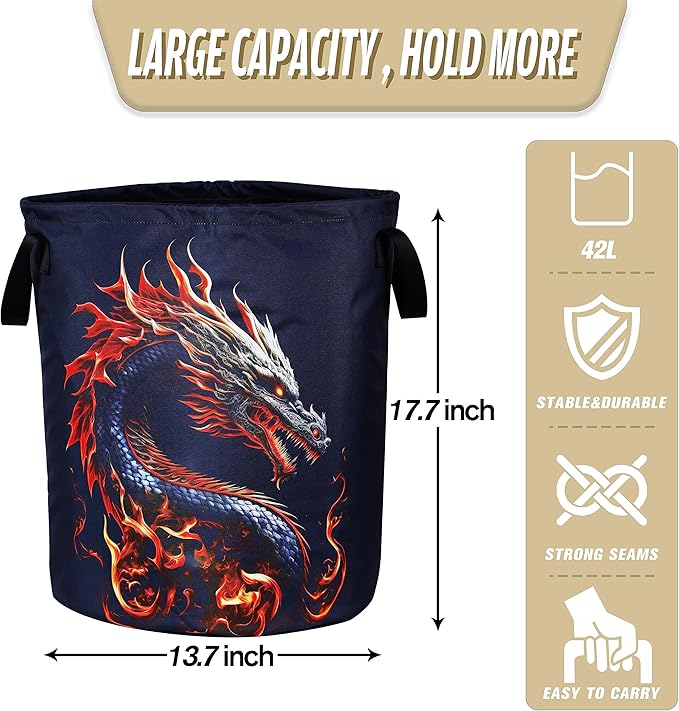 Dragon Laundry Basket Myth Animal Foldable Oxford Cloth Funny Tote Bag Laundry Hamper Clothes Storage Bucket Organizer For Bathroom/Laundry Storage/Bedroom Storage Basket 17.7x13.7Inch