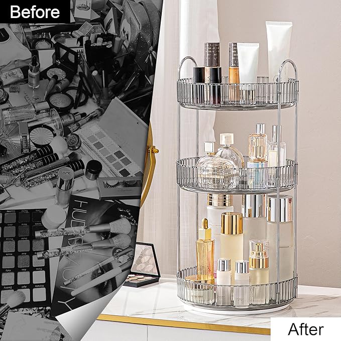 360 Rotating Makeup Organizer for Vanity, Bathroom Countertop Spinning Perfume Organizer, High-Capacity Cosmetic and Skincare Dresser Make Up Holder Rack (3 Tiers, Grey)