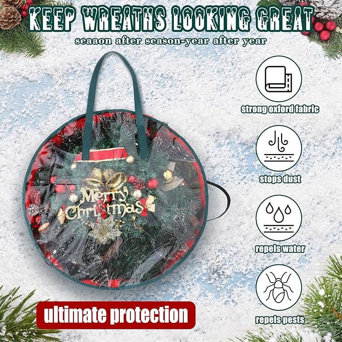 Shappy 4 Pcs Christmas Wreath Storage Bag Wreath Storage Container with Clear Window Plaid Box with Handles for Storing Garland Holiday Wrapping(Red,30 x 7 Inch)