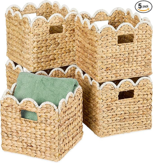 Best Choice Products 10.5x10.5in Scalloped Hyacinth Baskets, Set Of 5 Multipurpose Collapsible Storage Organizer, Handwoven Laundry Totes for Bedroom, Living Room, Shelves – Natural w/White Trim