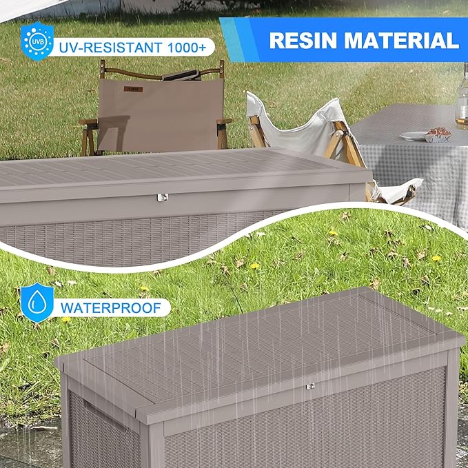 320 Gallon Lockable Resin Deck Box, Waterproof & UV-Resistant Outdoor Storage Box for Outdoor Cushion Storage, Garden Tools Accessories Storage, Gray