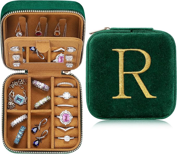 Parima Retirement Gifts for Women - Retirement Gifts for Women 2026, Happy Retirement Party Gifts, Plush Velvet Emerald-Green Travel Jewelry Case Jewelry Box - Letter R, Green