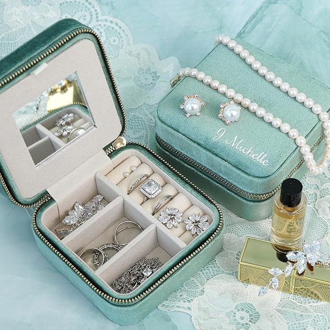 Customizable Compact Velvet Jewelry Box with Mirror, Travel Jewelry Case, Travel Jewelry Organizer, Jewelry Box for Women and Girls, Small Jewelry Organizer (Bottom Right Text, Mint Green)