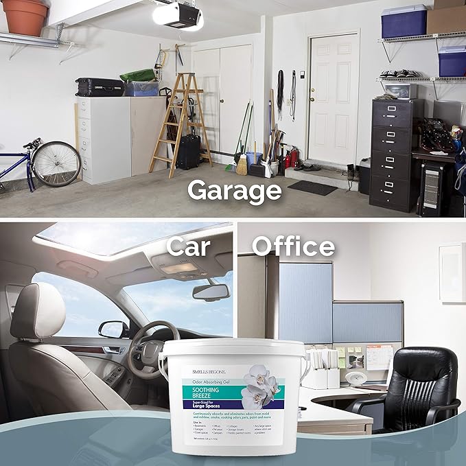 SMELLS BEGONE 1-Gallon Gel Odor Eliminator – High-Capacity, Long-Lasting Absorber for Large Basements, Garages, Workshops & Commercial Areas – Removes Tough Odors with Essential Oils (Soothing Breeze)