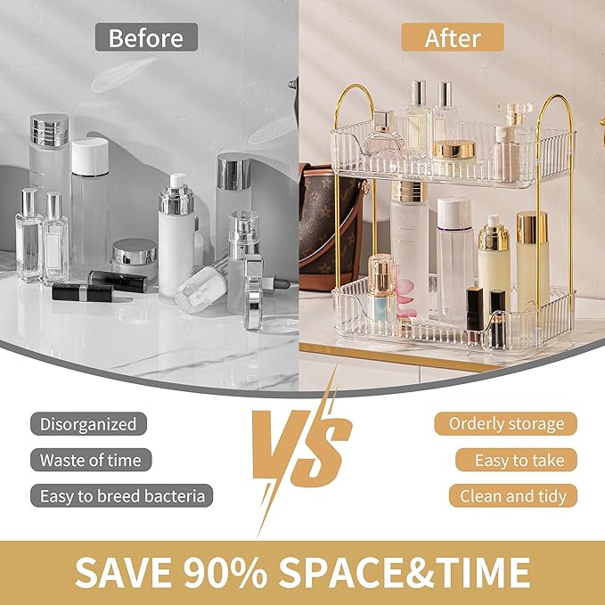 YCIA&DONE Bathroom Organizer Countertop, Makeup Storage, Skincare Cosmetic Tray Shelf, Perfume Holder Rack for Vanity Counter, Large Capacity, Easy to Install, Clean, 2 Tiers, Clear White