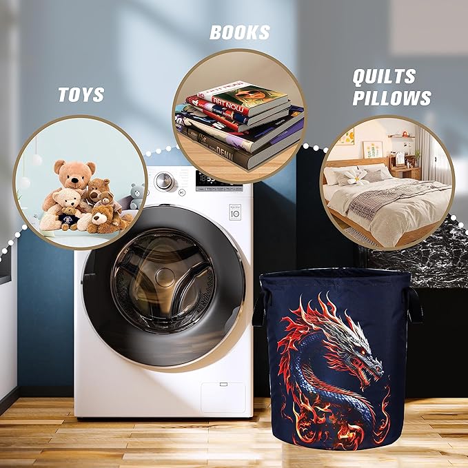 Dragon Laundry Basket Myth Animal Foldable Oxford Cloth Funny Tote Bag Laundry Hamper Clothes Storage Bucket Organizer For Bathroom/Laundry Storage/Bedroom Storage Basket 17.7x13.7Inch