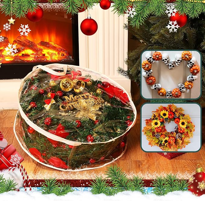 Zhengmy 10 Pcs 24 Inch Christmas Wreath Storage Bags Transparent Wreath Storage Container Bulk Wreaths Box with Dual Zippers and Handles for Xmas Holiday Wreaths Garland
