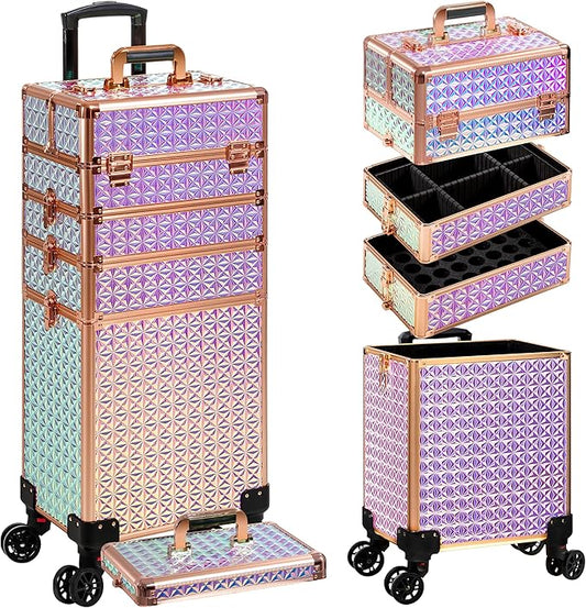 AROUS 5 in 1 Rolling Makeup Train Case Cosmetology Case on Wheels Large Cosmetic Organizer Travel Cart for Hairstylist Artist Nail Beauty Salon Barber,Colorful