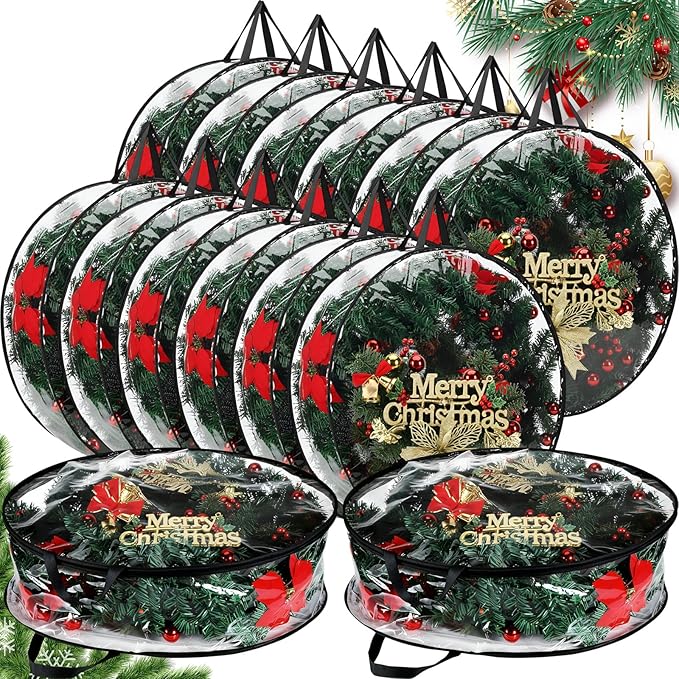 Shappy 14 Pieces Christmas Wreath Storage Container 30 Inch Wreath Plastic Storage Bags with Dual Zippers and Handles for Xmas Thanksgiving Holiday Artificial (Clear,Black)