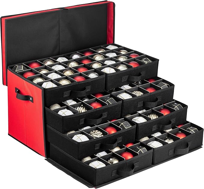 ZOBER Christmas Ornament Storage Box - Stores 128 3" Ornaments with Drawer Style Trays - Tear Proof 600D Oxford Fabric - Ornament Organizer Storage Box, Durable Christmas Containers Holder - Red