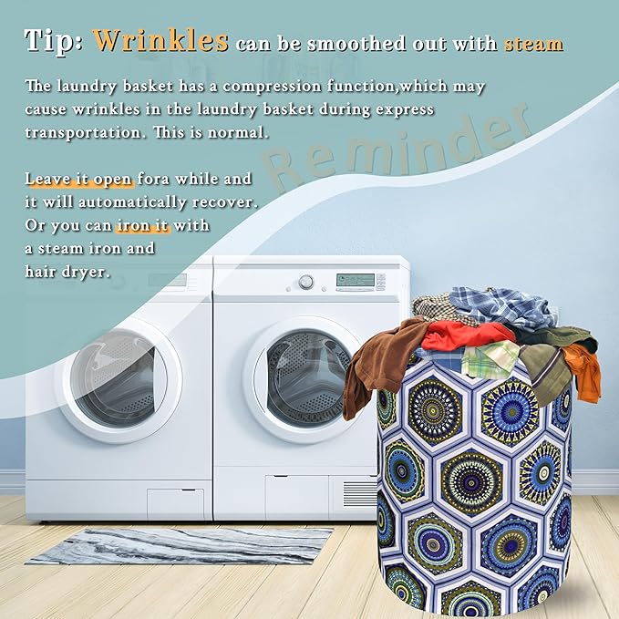 Boho Blue Green Mandala Tile Laundry Hamper Foldable With Handles Colorful Tote Bag Oxford Cloth Laundry Basket Clothes Toy Storage Bucket 18.9" x 16.5" For Bathroom/Laundry/Bedroom