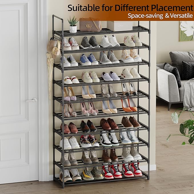 10 Tier Shoe Rack, Tall Shoe Rack for Entryway, Shoe Organizer for Closet, Shoe Storage for Front Door Entrance & Entryway, Large Long Shoe Stand Holder Adjustable Shelf Height