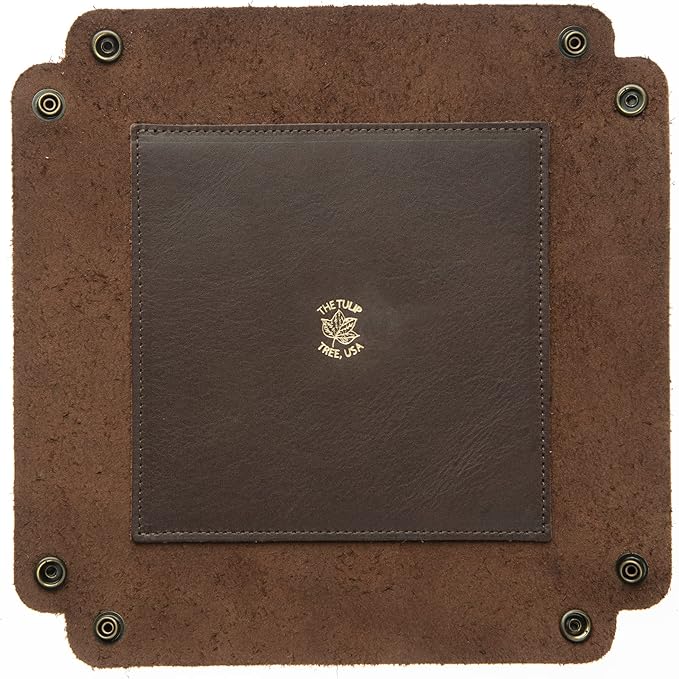 USA Handmade Premium Leather Valet Tray, Folds Flat! Dice Rolling Basket and Organizer with Brass Snaps (Dark Walnut Brown, Large)