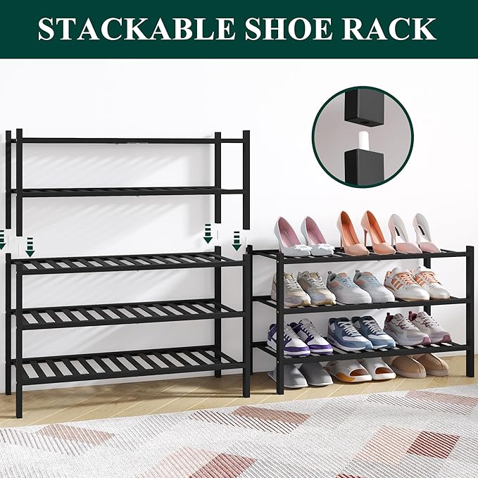 Smiry Bamboo Shoe Rack for Closet, 5 Tier Wooden Stackable Shoe Organizer, Free Standing Shoes Storage Shelf for Entryway, Front Door Entrance, Black