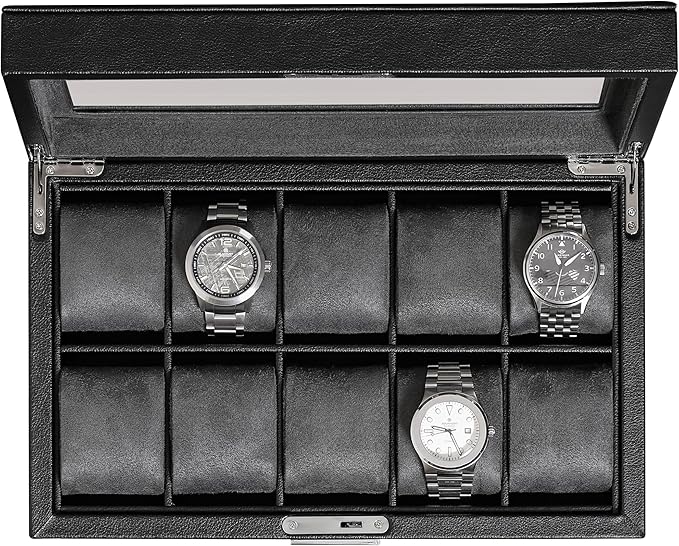 ROTHWELL 10 Slot Leather Watch Box - Luxury Case Display Jewelry Organizer - Locking Watch Display Case Holder with Large Glass Top - Box Organizer for Men and Women (Black/Grey)
