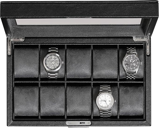 ROTHWELL 10 Slot Leather Watch Box - Luxury Case Display Jewelry Organizer - Locking Watch Display Case Holder with Large Glass Top - Box Organizer for Men and Women (Black/Grey)