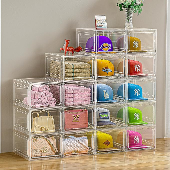 Hat Organizer Box for Baseball Caps, 8 Pack Clear Plastic Hat Storage Box, Hats Holder Display Case for Closet with Magnetic Door, Snapback Organizer, Hold 8 Cap Each