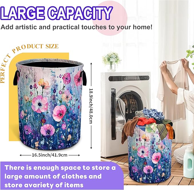 Colorful Flowers Laundry Basket Floral Art Oxford Cloth Laundry Hamper Funny With Handle Foldable Portable Clothes Storage Basket 18.9 X 16.5 Storage Bag For Laundry Room/Bathroom/Bedroom/Dormitories