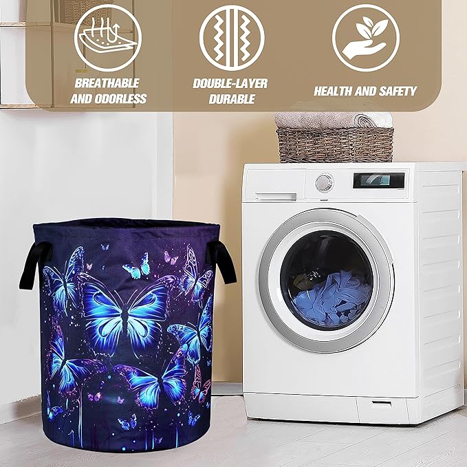 Blue Purple Butterfly Laundry Basket Insect Foldable Oxford Cloth Funny Tote Bag Laundry Hamper Clothes Storage Bucket Organizer For Bathroom/Laundry Storage/Bedroom 17.7x13.7Inch