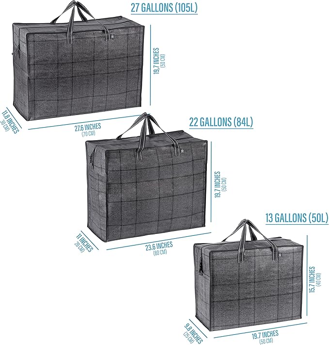 VENO 5 Pack Storage Moving Bags, Organizer Bag, Storage Tote, Zipper On Top, Sturdy, Carrying Bag, Camping Bag for Clothes, Bedding, Comforters, Pillows (13 Gallon Windowpane, 5 Pack)