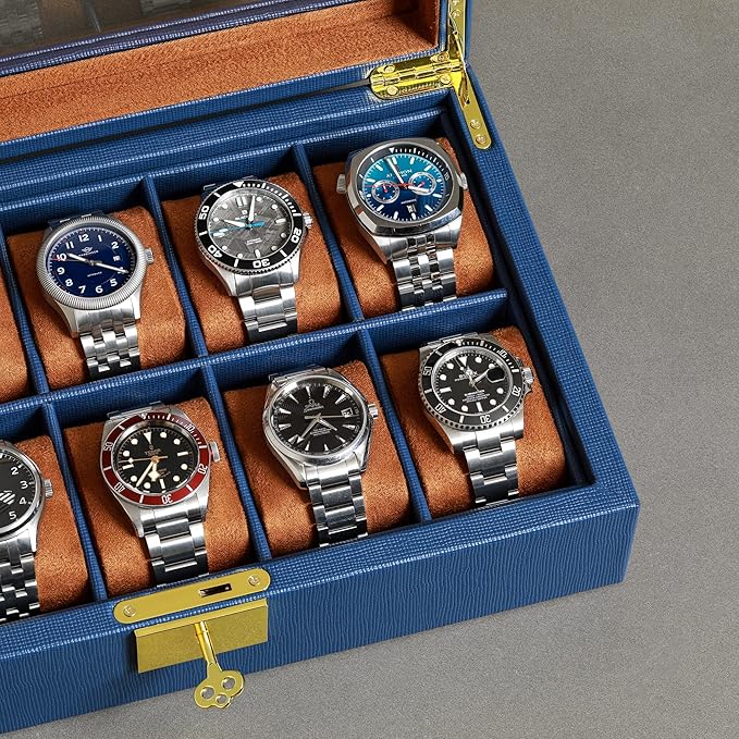 ROTHWELL 10 Slot Leather Watch Box - Luxury Case Display Jewelry Organizer - Locking Watch Display Case Holder with Large Glass Top - Box Organizer for Men and Women (Blue/Tan)